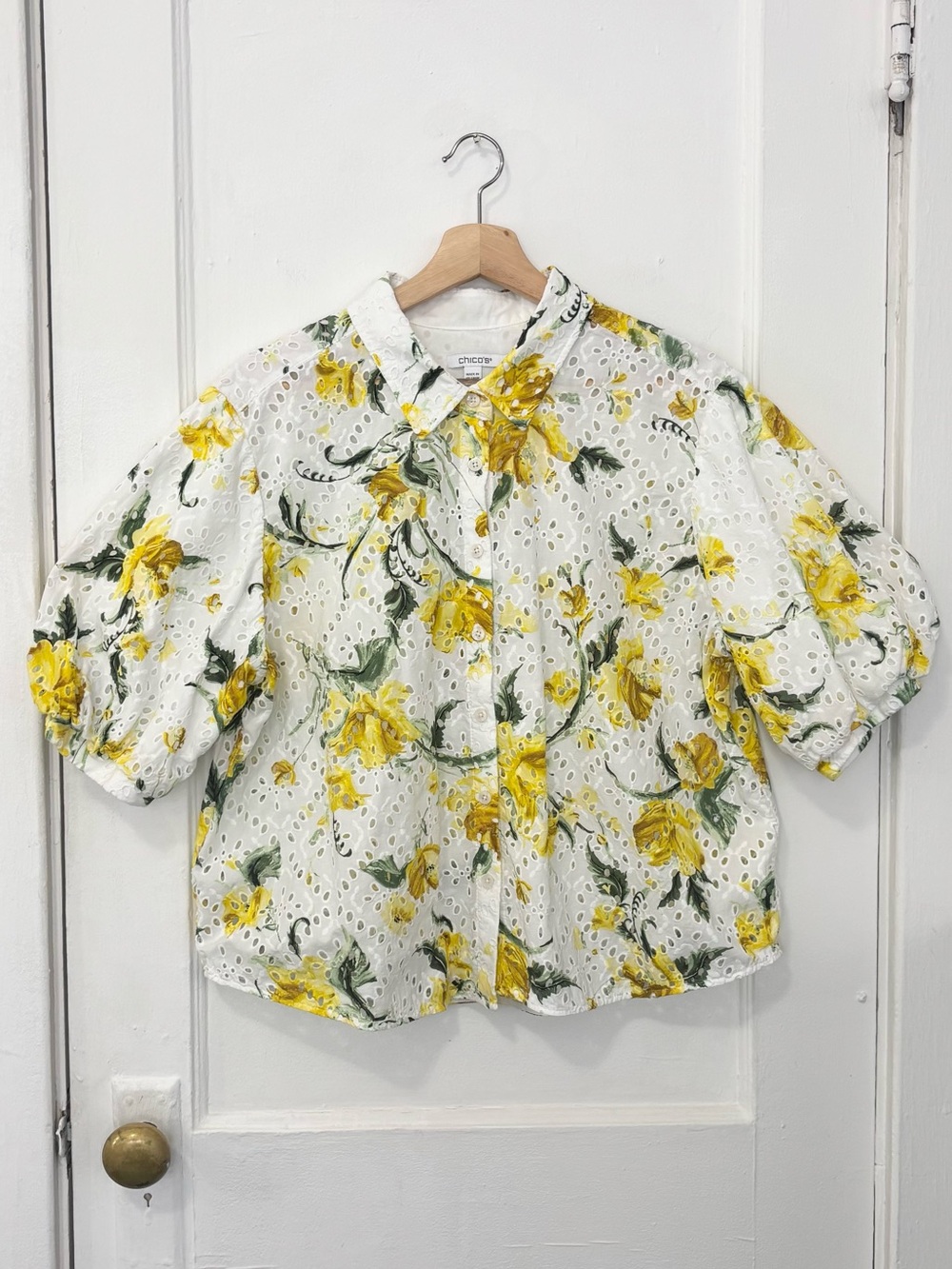 Chico's Women's Floral Eyelet Shirt, Yellow/White, Size 3 (US 16), Coastal